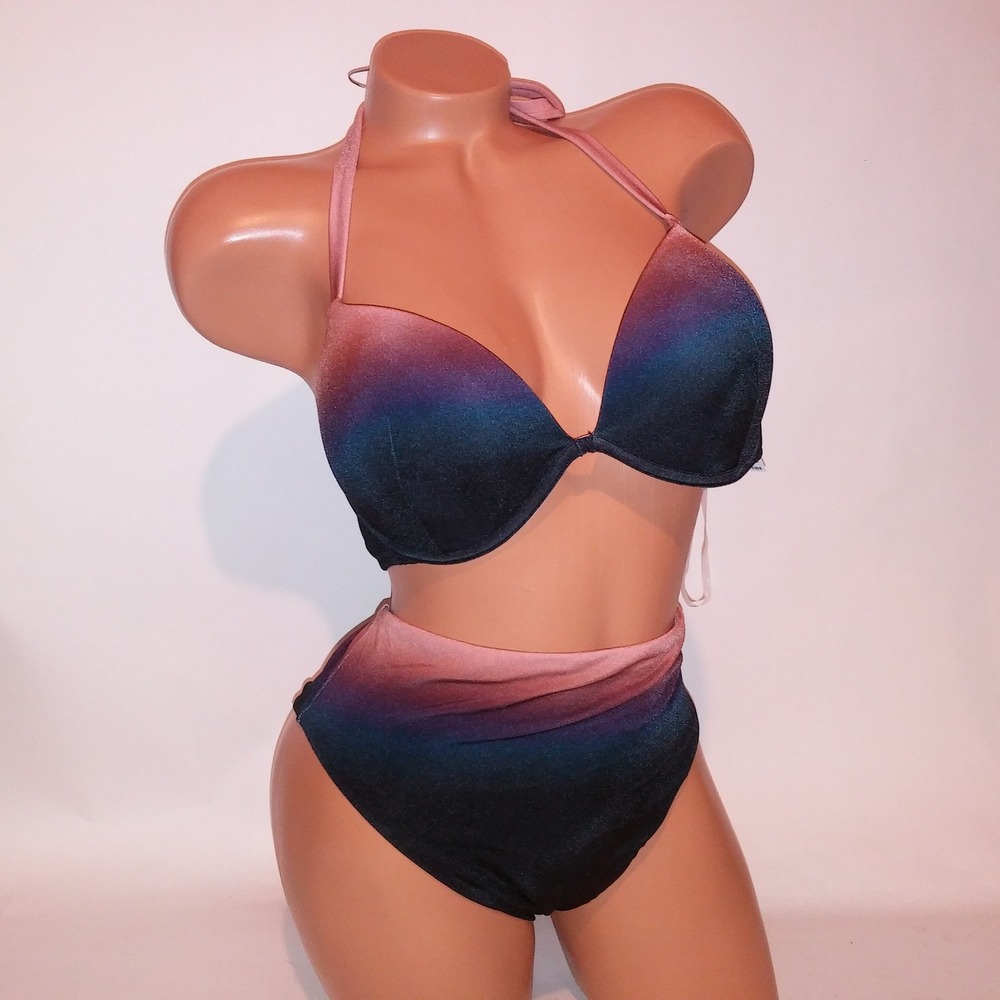 Victoria Secret Swim Bikini 36DD Top XL Bottom Ombre Push Up Black Mauve New